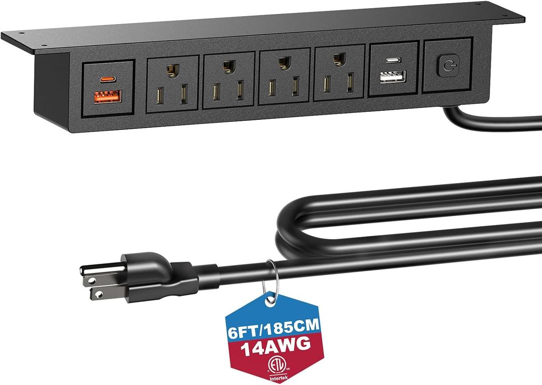 Under Desk Power Strip with Switch, 8 in 1 Mountable Power Strips with 4 USB Ports Fast Charging, Under Desktop Outlet 4 AC Outlets, 6FT Cord for Home Office Desk
