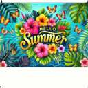 2 x Hello Summer Backdrop Banner 71 x 43 inch Flower Butterfly Hello Summer Outdoor Decorations Supplies Tropical Beach Hawaiian Party Themed Photo Booth Props