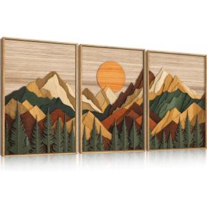 Celestdeco Large Woodcut Style Mountain Framed Canvas Wall Art Set, Woodsy Rustic Ridge Wall Decor, Boho Pine Tree Forest Wall Painting, Abstract Sunrise Wooden Art Print for Living Room, Bedroom, Office - 24"X36"X3(Not-3D Effect)