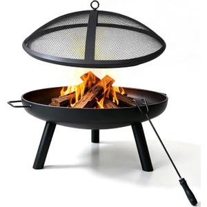 23inch Portable Fire Pit with Fire Poker and Spark Screen, 2 in 1 Small Round Outdoor Fireplace for Outside Heating, Bonfire Party, Camping, Backyard, Patio, Garden, RV Trip