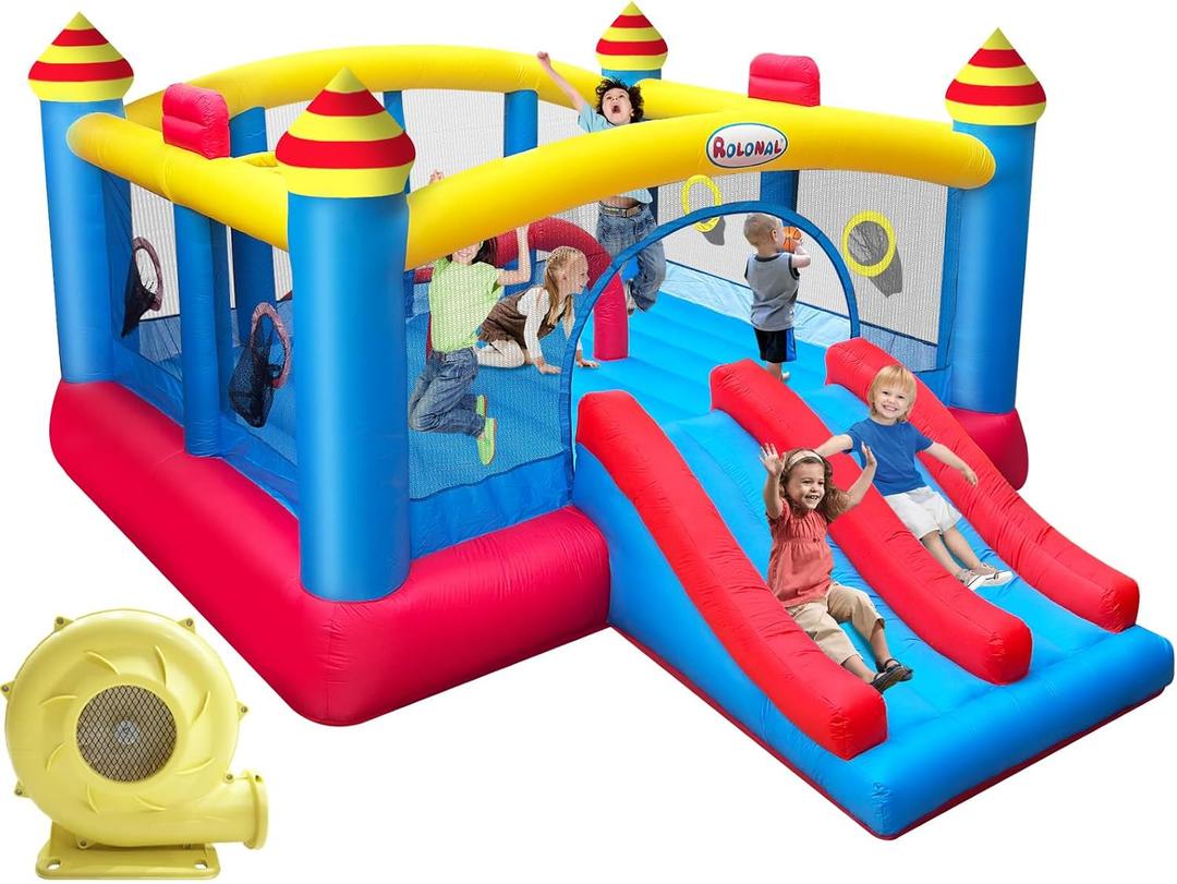 Big Inflatable Bounce House for Party,18.7ft x 13ft,Double Slide,Double Basketball Hoop,Fun Central Obstacle,Throw Ball Game,Reinforced PVC Bounce Floor,Jumping Bouncy Castle Holds 6 Kids, 18.75 feet long 13 feet wide 7.42 feet high