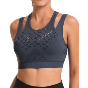 RUNNING GIRL Sports Bras for Women High Support,Seamless Ribbed Longline High Neck Sports Bra Racerback Padded Crop Top Yoga (L)