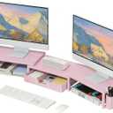 OPNICE Desk Organizers and Accessories, Dual Monitor Stand Riser with Drawer and 2 Pen Holders, Desk Shelf Metal Computer Racks for Office Workspace Organizers, Desktop Organization (Pink Metal), Item dimensions L x W x H 10 x 3 x 16 inches
