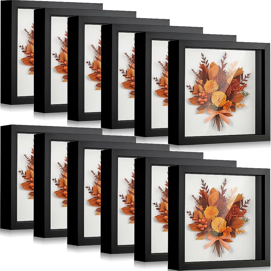 Tuanse 12 Pcs Shadow Box Bulk Display Case Plastic Shadow Box Picture Frame for Photos Flower Wedding Bouquets Pet Memorial Graduation Object Butterfly Tickets Wall Tabletop(8 x 8 Inch, Black)