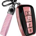 Lucrum Compatible with Toyota Key Fob Cover & Leather Keychain, Keyfob Case for Avalon Camry Corolla Prius RAV4 Highlander (Black & Pink)