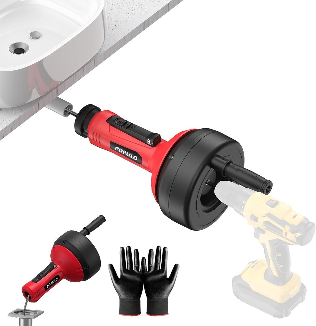 POPULO Auto-Feed 17FT Drain Snake Auger for 3/4"-2" Pipe, Plumbing Snake Drain Auger with Drill Adapter, Sink Snake Drain Hair Remover for Kitchen, Bathroom and Shower Sink, PMDA-5