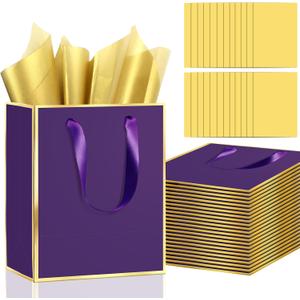 Epoesch 24Pcs Premium Metallic Paper Gift Bags with Handles & Tissue Paper 8"x5"x10" Purple with Gold Edge Thank You Bags for Mother's Day, Party, Wedding, Welcome Gift, Business (Purple Gold, 1 Count (Pack of 24))