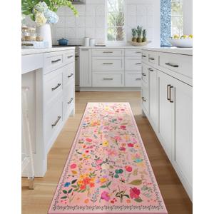 Boho Floral Runner Rug 2x6, Washable Non-Slip Kitchen Rug, Ultra Soft Vintage Carpet for Hallways, Kitchen, Bedroom, Bathroom (Pink)