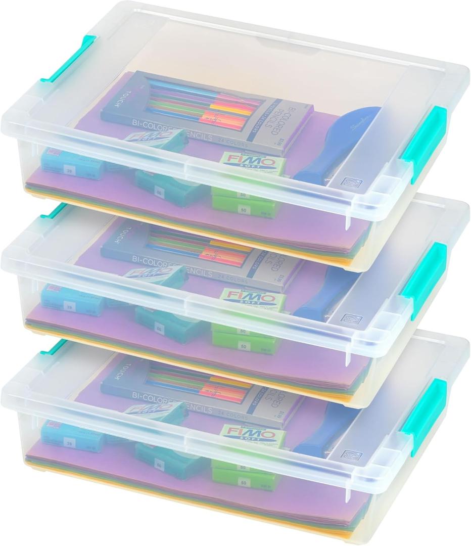 IRIS USA 6 Qt. Craft Storage Bins with Lids, 3-Pack, |Made in USA|, Clip Box, Small Plastic Sensory Bin Tote Organizer Containers for Art Supplies, Paper, & Office, Stackable - Clear/Seafoam Blue