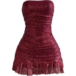 SOLY HUX Women's Sparkly Sequin Strapless Dresses Ruffle Mini Party Dress Cocktail Gowns Pure Burgundy X-Small