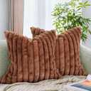 AmHoo Pack of 2 Decorative Throw Pillow Covers Faux Rabbit Fur Cozy Velvet Super Soft Fuzzy Striped Set Case Cushion for Couch Sofa Bedroom 20 x 20-Inch Brown