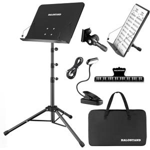 5 in 1 Dual-use Sheet Music Stand & Desktop Book Stand, Height Adjustable from 23.6-59 in, Folding Music Stand with Portable Carrying Bag, Sheet Music Folder & Rechargeable Music Stand Light