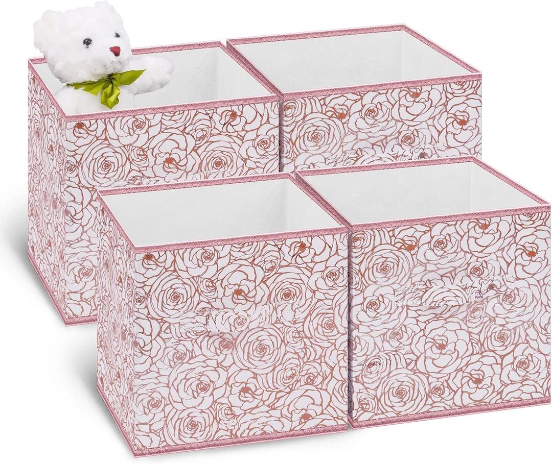 Collapsible Storage Cube Bins, 11 Inch Floral Cube Storage Bin, Fabric Cubby Organizer with Dual Handles and Tags For Nursery/Home Office/Closet/Kids Room/4-Pack(Flower Rosegold)