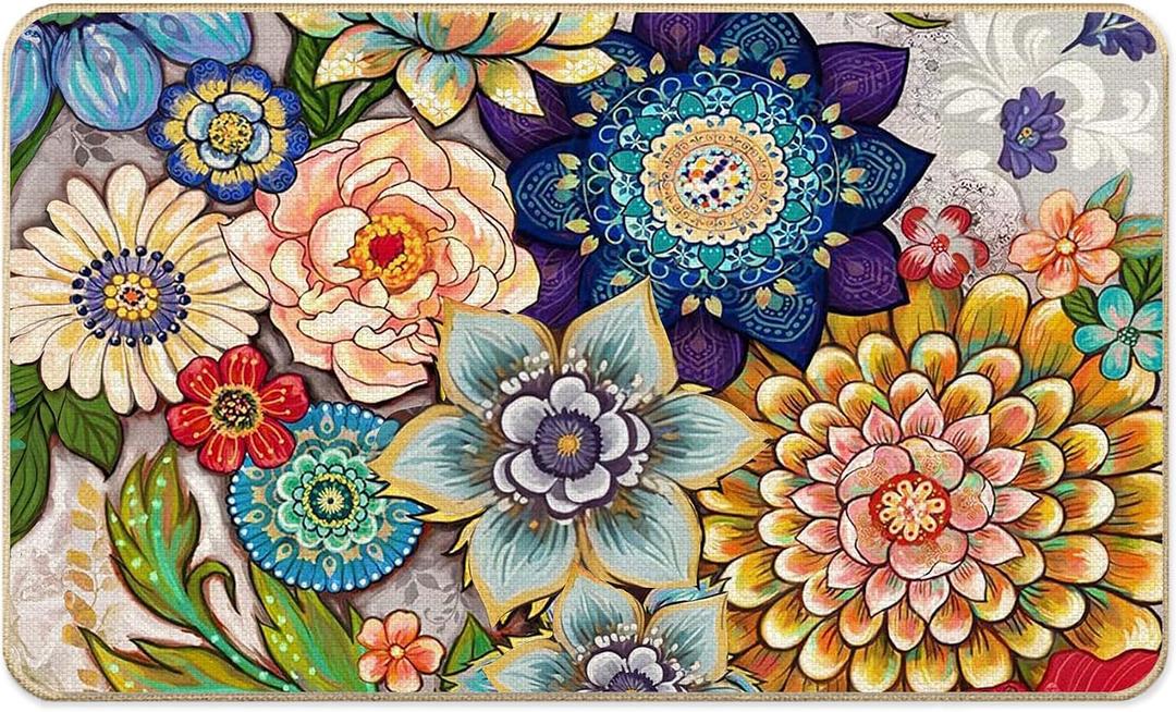 Boho Colorful Mandala Floral Faux Linen Door Mat, Vintage Spiritual Mandala Flower Doormat Outdoor Indoor Entrance Porch, Rustic Boho Welcome Mats for Front Door, 17x30 Inch