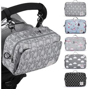 Universal Stroller Caddy Accessories All-in-One Baby Organizer with Insulated Pocket,Capacity for Diapers, Toys & Snacks, Dark Gray (arrow)