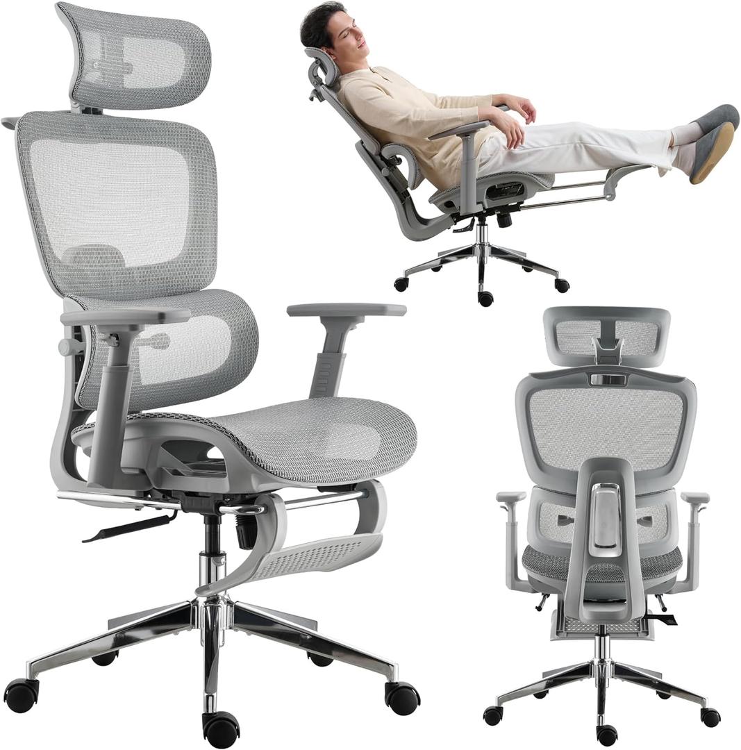 Mesh Ergonomic Office Chair with Footrest, High Back Mesh Gaming Chair with Lumbar Support, Adjustable Headrest and Armrests for Home Office Desk Chair (Modern, Grey), 26 inches x 23 inches x 40 inches