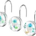 12Pcs Watercolor Floral Decorative Shower Curtain Hooks, Rust Proof Glass Surface Stainless Steel Rings for Bathroom Bedroom Home Bath Room Rods Decor(Sage Blue Flower)