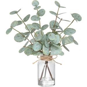 Piklado Fake Eucalyptus Stems in Vase with Faux Water, Artificial Plants Eucalyptus Leaves for Shelf Desk Bathroom Farmhouse Room Coffee Table Faux Greenery Plants Decorations (Green)