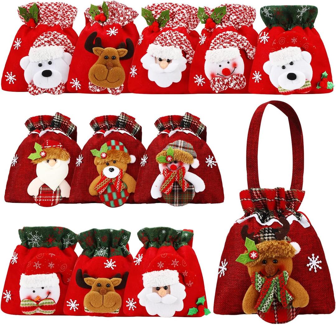 Clysee 12 Pcs Christmas Gift Doll Bags Christmas Eve Apple Bags Reusable Drawstring Gift Bags Elk Bear Santa Claus Snowman Fabric Goody Bag for Christmas Candy Party Favors Holiday Wrapping