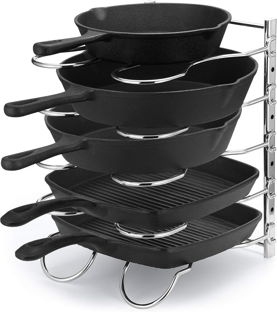 CAXXA Heavy Duty Pan Rack, Pot Lid Rack, Kitchen Cabinet Pantry Cookware Organizer Rack Holder with 5 Adjustable Dividers, Chrome (12.8 x 10.4 x 8.9 INCH)