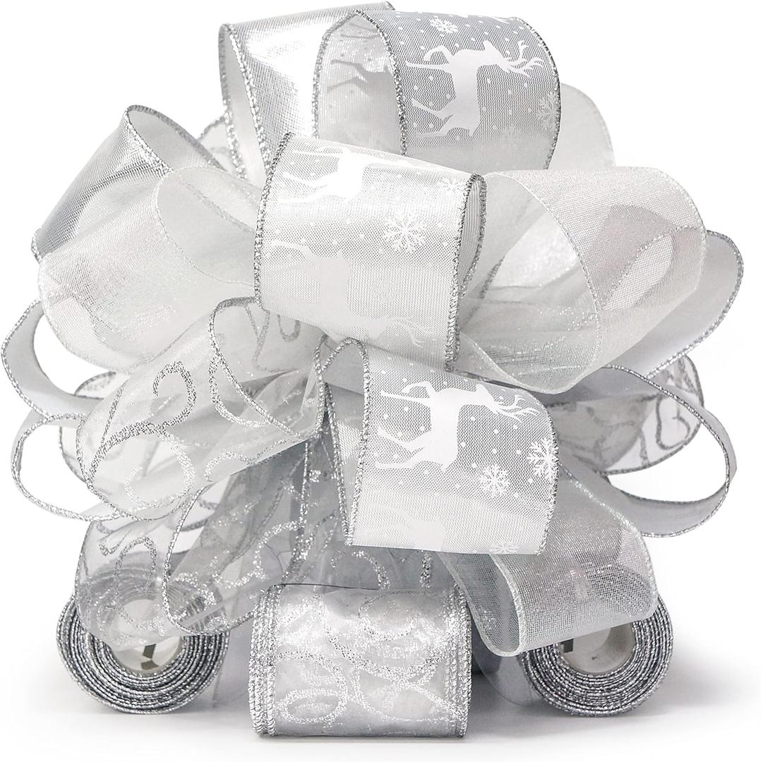 Altier 11" Wide Silver Christmas Tree Topper Bow 4 Tails Streamers with 3 Yards Long Each for Home Decoration Treetop Handmade Bow Ornament Holiday Party