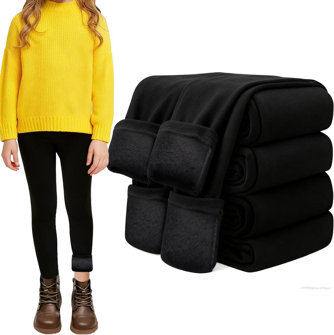 FEQO 2 Pack Girls Fleece Lined Leggings Thick Thermal Tights Full Length Pants Kids Winter Warm Leggings (7-8 Years, Black)