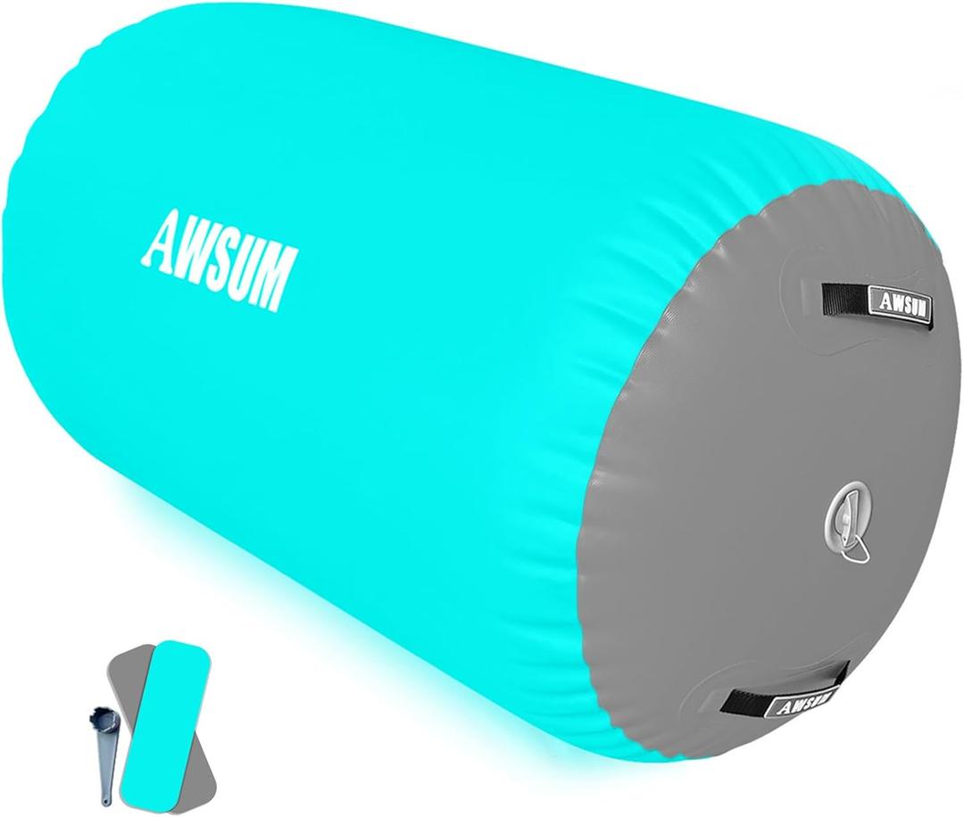 AWSUM Air Roller Gymnastics Barrel Inflatable Tumbling Mat Back Handspring Trainer for Octagon Mat Gym Home Gymnastics Equipment 1PCSNo Electric Pump ((L)39.4"x(Diam)23.6"-No pump, Mint Green/Grey)