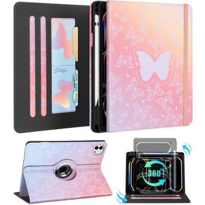Kidcube for iPad Pro 11 Inch Case M4 2024 5th Generation - Women Girls Kid Cute Rotating Stand Folio Cover with Pencil Holder & Card Slot Kawaii Butterfly Design for iPad Pro 11'' Case 2024 M4 5th Gen