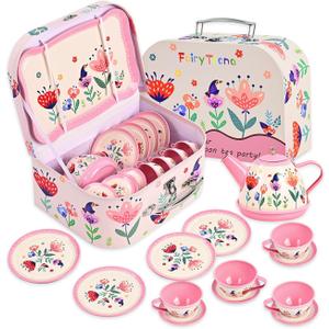 Floral Tea Party Set for Little Girls Ages 3-6, 15-Piece Pretend Play Kitchen Toys with Teapot, Cups, Plates & Storage Case, Princess Gift Set (Pink)