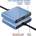 DisplayPort Splitter for Dual Monitors, 4K@60Hz USB C to Dual DisplayPort Splitter Adapter for Extended Display with 2 Displayports/USB3.0/100W PD Fast Charging, Compatible with MacBook/HP/Dell/Lenovo