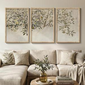 Large Vintage Framed Botanical Wall Art for Living Room, 3 Piece Rustic Neutral Fruit Tree Canvas Prints Artwork for Walls, Modern Farmhouse Leaf Wall Decor for Bedroom Dining Room Office, 24x36 Inch