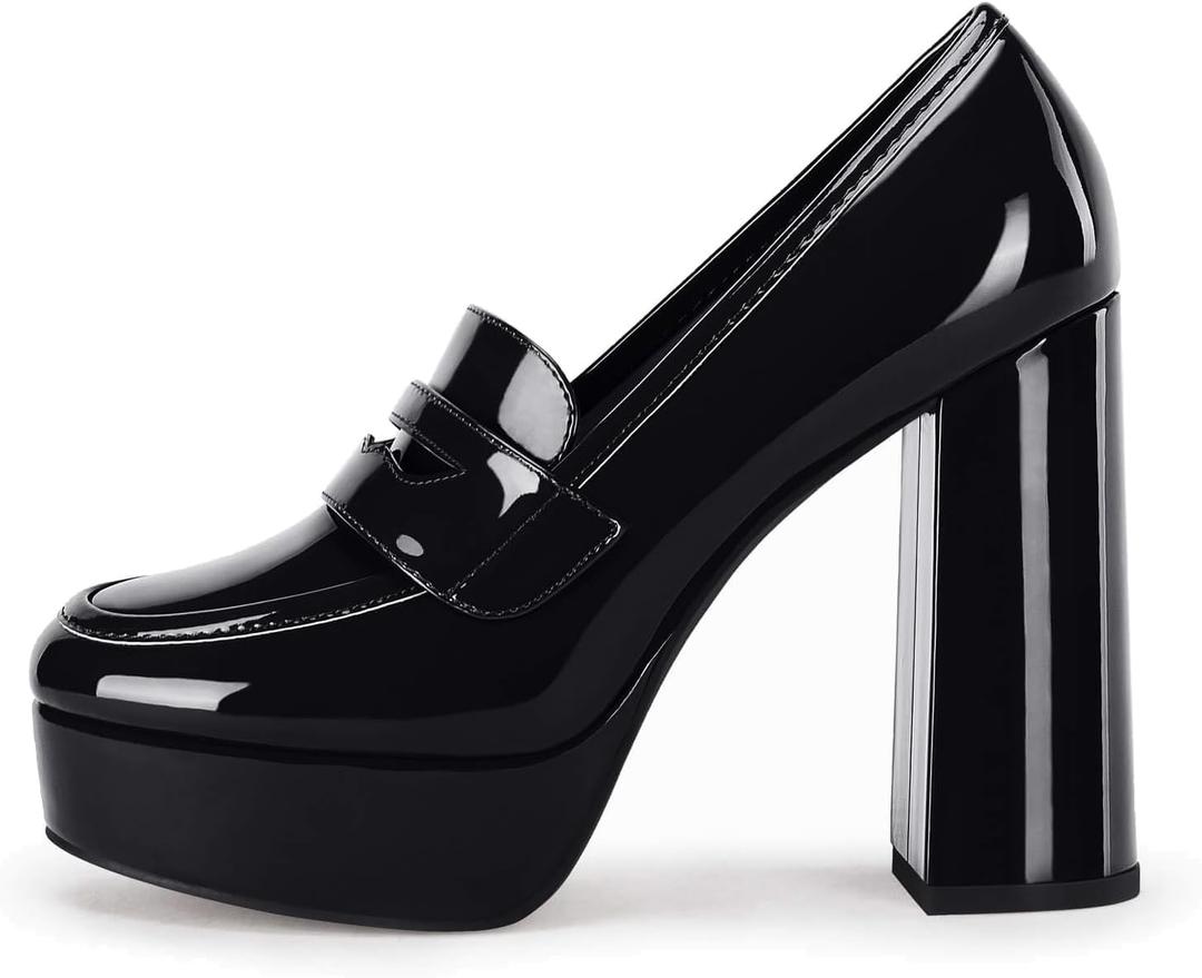 Coutgo Womens Platform Heels Loafers Chunky High Heel Closed Toe Patent Leather Shoes Penny Loafer Business Dress Work Pumps (Black, 9)