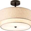 Drum Semi Flush Mount Ceiling Light, 16 inch 3 Lights Ceiling Light Fixture with 2-Layer Fabric Shade, Black Farmhouse Drum Ceiling Lighting for Bedroom Hallyway Dining Room Kitchen