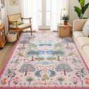 Vasofe 5x7 Living Room Rug, Pink Washable Rugs for Dining Room,Girls Bedroom, Nursery, Indoor Floor Mat, Jungle Animal Floral Mats for Playroom, Farmhouse, Non Slip Low Pile Carpet for Laundry Room