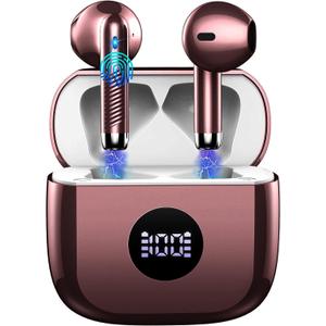 Wireless Earbuds, Bluetooth 5.4 Ear Buds LED Power Display Headphones Bass Stereo, Bluetooth Earbuds in-Ear Noise Cancelling Mic, 40H Playback Mini Case IP7 Waterproof Sports Earphones for Android iOS (Rose Gold)