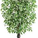 Artificial Ficus Tree Indoor 7FT Fake Plants Large Artificial Plant with Crack White Tall Planter, Green Lifelike Lush Fake Ficus Tree for Home Living Room Bedroom Outdoor Balcony House Office Decor