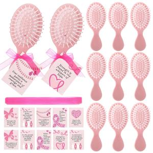 Meanplan 12 Sets Breast Cancer Awareness Gift for Women Pink Ribbon Mini Hair Brush with Card Motivational Breast Cancer Awareness Accessories Item for Survivor Charity Event Support Party Supplies