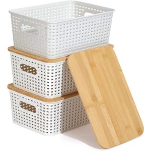 Plastic Storage Bins With Bamboo Lid Pantry Organization and Storage Baskets Containers Lidded Organizer Bins Small Baskets for Shelves Drawers Desktop Closet Playroom Classroom Office, 3 Pack