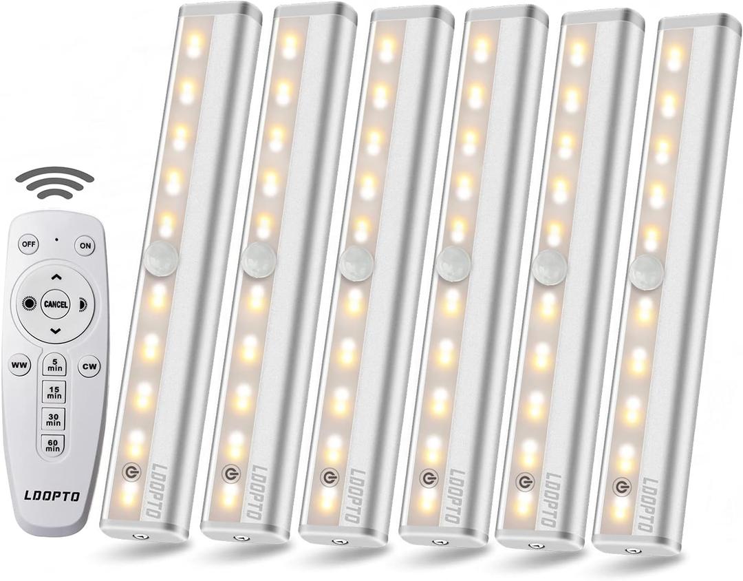 LDOPTO Battery Operated Lights with Remote Wireless Dimmable Under Cabinet Counter Lights for Kitchen LED Closet Lights with Timer for Kitchen Shelf Hallway Stairs,Multiple Colors 6 Pack