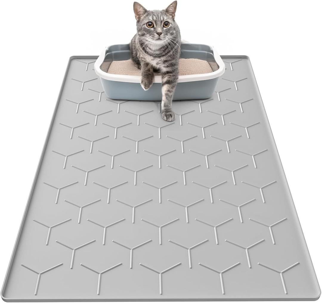 Cat Mat for Litter Box, Large 34" X 22" Cat Litter Mat, Waterproof Silicone Pad for Floor, Gray (Grey)