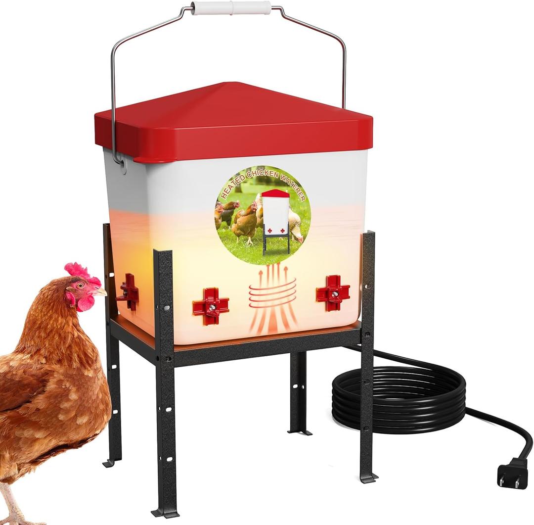 Nexum 2 Gallon Heated Chicken Waterer - Outdoor Unfrozen Poultry Drinker for Winter with 4 Nipples and Adjustable Stand Automatic Chicks Water Pail (Red, 2 Gallon)