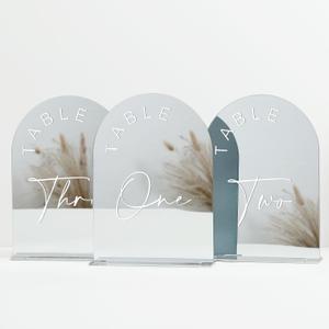 Sliver Arch Wedding Table Numbers 1-10 with Stands, 5x7 Inch Acrylic Arch Sign with White Lettering, Sliver Mirror Acrylic Table Numbers for Wedding Reception