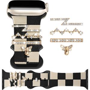 Silicone Strap for Apple watch band 38mm 40mm 41mm 42mm 44mm 45mm 46mm 49mm with Bling Bee Charms, Soft Sport Bracelet for iWatch Bands Series 11 10 9 8 7 6 5 4 3 SE SE2 SE3 Ultra for Women (Black+Gold)