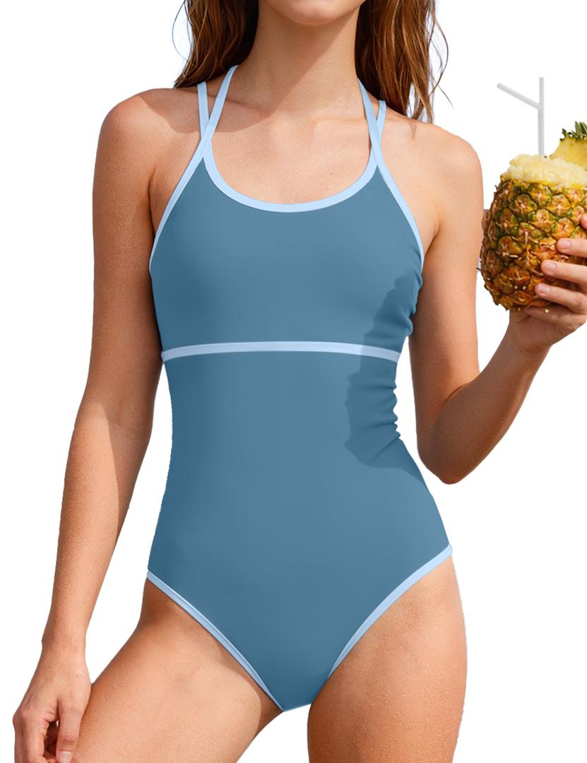 WIQI Girls Swimsuit Size 8 One Piece Bathing Suit Blue Adjustable Straps Kids Swimwear with Cover Up Skirt Girls Bathing Suits Size 8-10