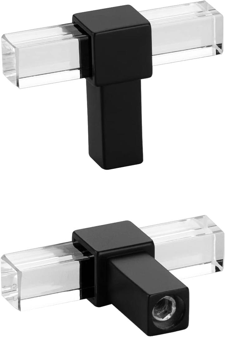 Peaha 10 Pack Black Cabinet Knobs Square Acrylic Kitchen Knobs Modern Clear Black Cabinet Hardware for Dresser Bathroom,Zinc Alloy Base (Single Hole, Black-3)