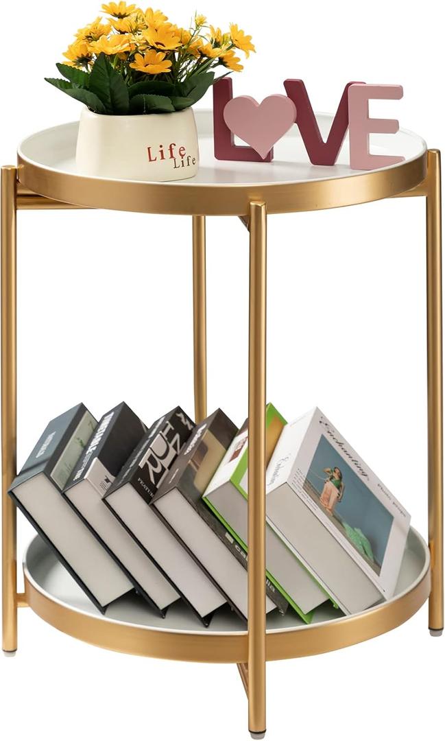 TeoKJ 2 Tier Gold Side Table, Folding Round Metal End Table Small Nightstand with Two Removable Tray for Bedroom Living Room Bedside Small Spaces Gold + White