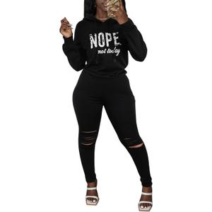 LovelyWholesale Women Sweatsuits 2 Piece Set Graphic Hoodie and Jogging Sets Black Small