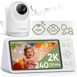 bonoch 2K 5.5" Baby Monitor No WiFi, 1600ft Long Range Video Baby Monitor with Camera and Audio, 240h Battery, White Noise, Hack-Proof, Night Vision, Smart Detect for Cry/Sleep Turnover/Motion