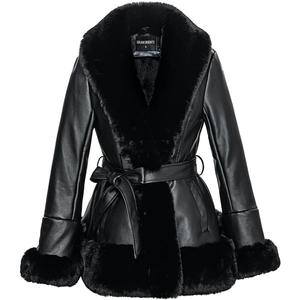 GRAN ORIENTE Women's Faux Leather Jacket with Faux Fur Collar, Winter Long Sleeve Furry Trim Peplum Parka Coat with Belt (Black)