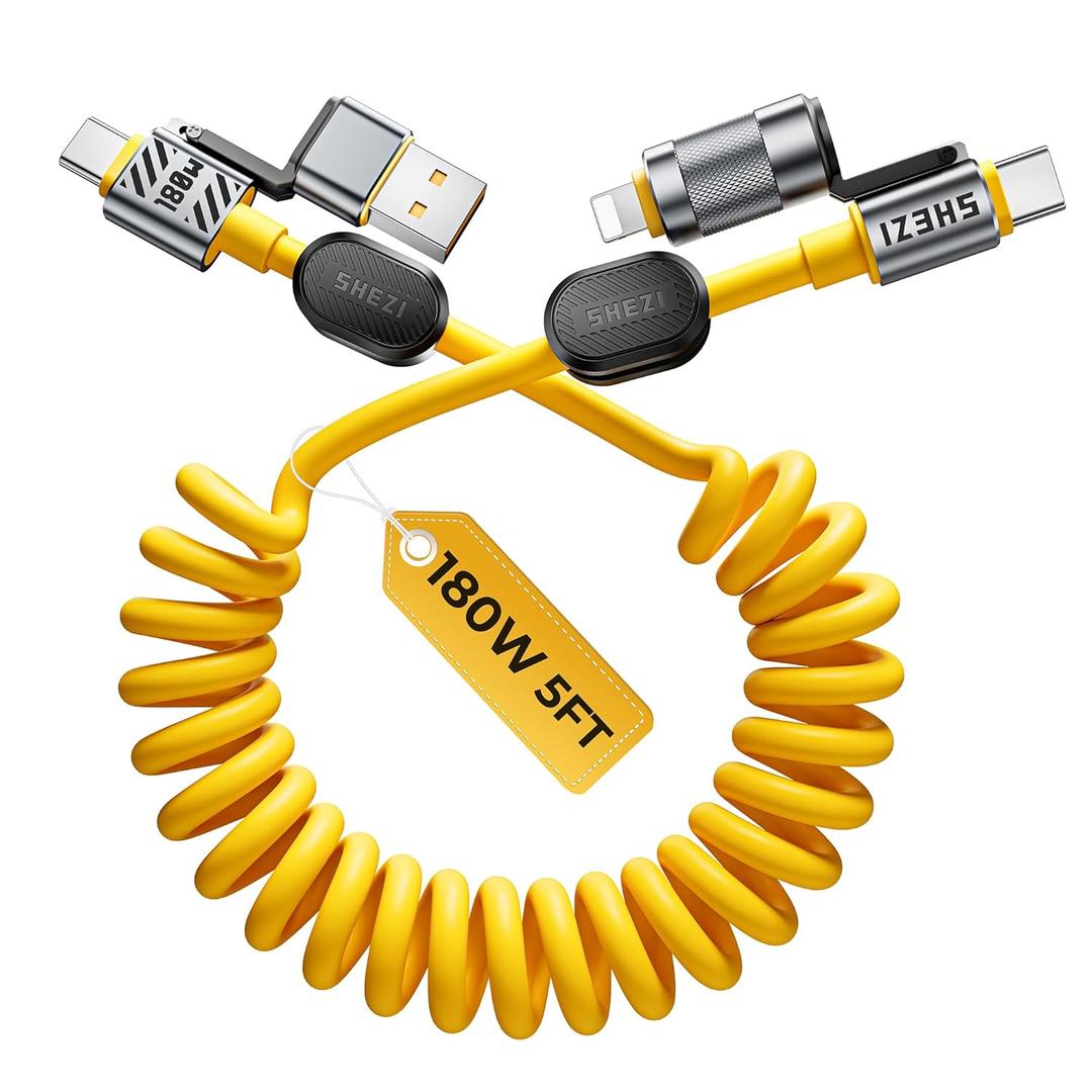 Coiled Cable & Clip 4-in-1 USB C Cable 180W Compatible with Lightning Cable Fast Charging & Data Transfer, Support to CarPlay & Android Auto, 5FT Multi Cord Combo Charger for iPhone/iPad (Yellow)